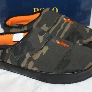 NIB POLO‎ RALPH LAUREN MEN\'S CAMOUFLAGE PUFFER SLIP ON SLIPPERS GREEN ORANGE Tiger Camo Leather Slide | Ralph Lauren main image 4